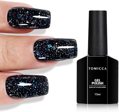 TOMICCA Glitter Black Gel Nail Polish15ML Black Sparkle | Gel Polish Soak Off UV LED Nail Art Manicure Salon DIY at Home