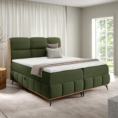Home Collective Boxspringbett Polsterbett Doppelbett Bett mit Stauraum und Topper inklusive | modernes Design mit edlen Holzdetails Schlafzimmer Jugendzimmer Möbel | Grün 140x200 cm