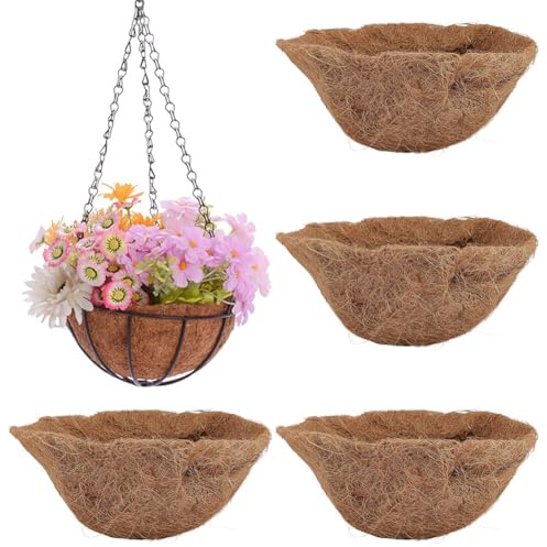 CRAFTYMELODY Paquete de 4 cestas colgantes de 12.99 pulgadas, forros de coco de repuesto de fibra de cáscara de coco marrón, macetas redondas de fibra de coco natural para colgar cestas, flores