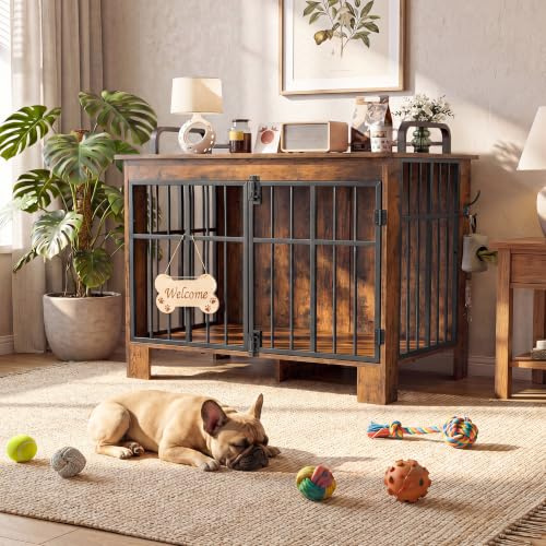 YITAHOME Große Hundebox für Zuhause 100cm, Doppeltür, Vintagebraun | Absturzsicherung, Knochen-Welcome-Schild, Haken, Riegel, Beistelltisch nutzbar, Für Mittel-Großhunde bis 50kg. Pflegeleicht.