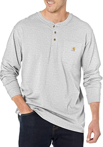 Carhartt Herren Loose Fit, schweres, langärmliges Pocket Henley-T-Shirt, Grau meliert, XXL