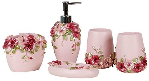 BADASS SHARKS Resin 5Pcs Bathroom Accessories Set Soap Dispenser/Toothbrush Holder/Tumbler/Soap Dish (pink)