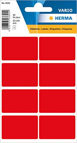 HERMA 3692 Vielzweck-Etiketten, 40 Stück, 25 x 40 mm, 8 pro Bogen, selbstklebend, Haushaltsetiketten zum Beschriften für Kalender Planer Basteln, matt, blanko Papier Klebeetiketten Aufkleber, rot
