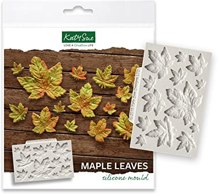 Katy Sue Maple Leaves Silicone Mould for Cake Decorating & Craft. Makes 13 Maple Leaves for Fondant, Sugar Paste, Flower Paste & Air Dry Clay. Largest 38 x 41, Smallest 11 x 11 Millimetres - UK Made