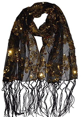 Schal Tuch Pareo Schleier Stola Tüll Pailletten Glänzend Hochzeit Party Tanz Schultertuch (Schwarz-Gold)