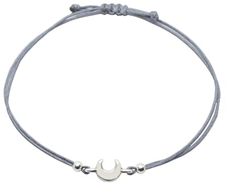 Selfmade Jewelry Armband Damen Silber Halbmond Größenverstellbares Makramee Bändchen mit Mond-Sichel Inkl. Geschenk-Verpackung (Silber - Grau)
