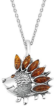 Kiara Jewellery 925 Sterling Silver Hedgehog Pendant Necklace Inset With Brown Baltic Amber on 18 Sterling Silver Trace Or Curb Chain.