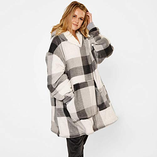 Dreamscene Winter Check Hoodie Blanket Oversized Sherpa Fleece Wearable Soft Warm Cosy Thermal Throw Blanket for Adults, One Size Fits Most - Blush Pink White