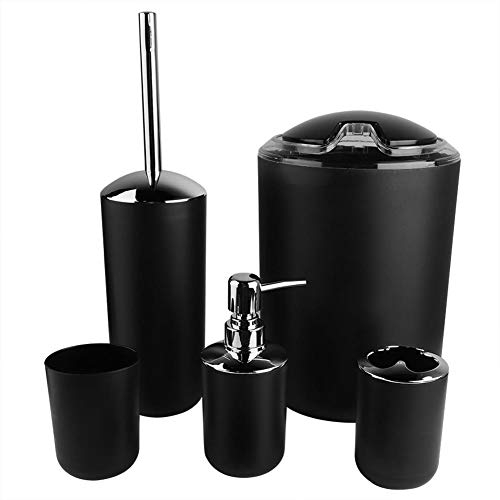 Bathroom Accessories Set, 6 Pieces, Soap Dispenser, Soap Dish, Toothbrush Holder, Rinse Cup, Toilet Brush Holder, Dustbin, Bathroom Set (Black)