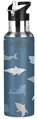 TropicalLife Water Bottle with Straw 600ml Leakproof Hot Water Bottle Sea Animal Shark Pattern Vacuum Insulated Bottle for Boys Girls Adult Outdoor Sports