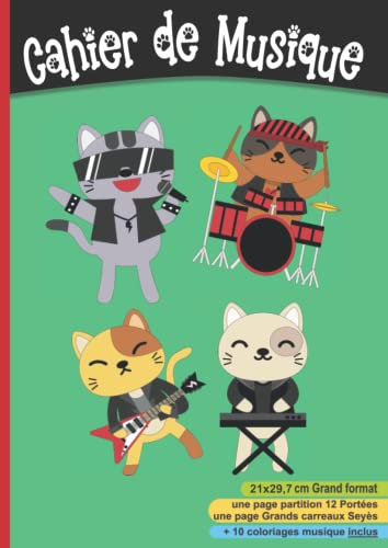 Cahier de Musique 21x29,7: cm | Carnet grand format A4 | Partitions 12 portées et Grands Carreaux Seyès pour solfège et chant | Enfant, chat