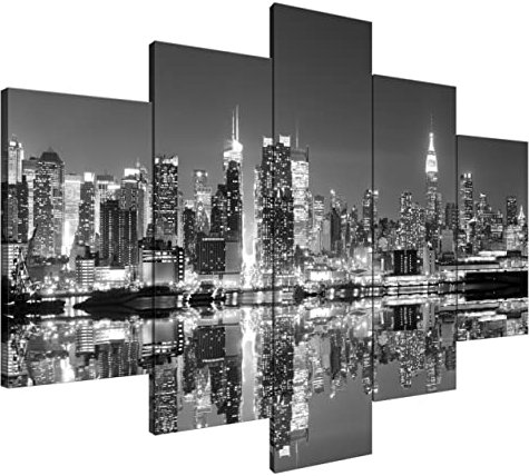 Estika Leinwandbilder - Manhattan New York Schwarz Weiß - 5-teilige Kunstdrucke - Wandbilder für Wohnzimmer, Schlafzimmer - 150x105 cm - 2194A_5H