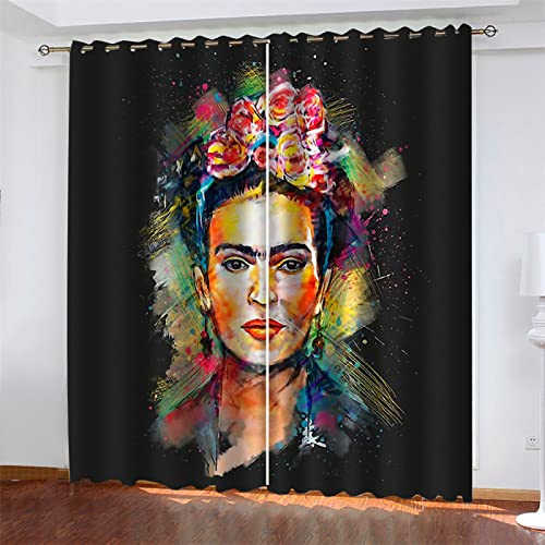 Qiuka Kunst Vorhang Blickdicht 2er Set für kinderzimmer,Weihnachts Vorhang2er Set 3D Ösenvorhang Frida Kahlo Ölgemälde Muster Modernen Vorhänge für Wohnkultur140x160cm BxH