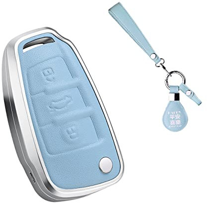 SANRILY Cadre en métal argenté et coque de clé en cuir véritable pour Audi Q3 Q7 A3 A1 TT R8 Protection complète avec porte-clés Bleu