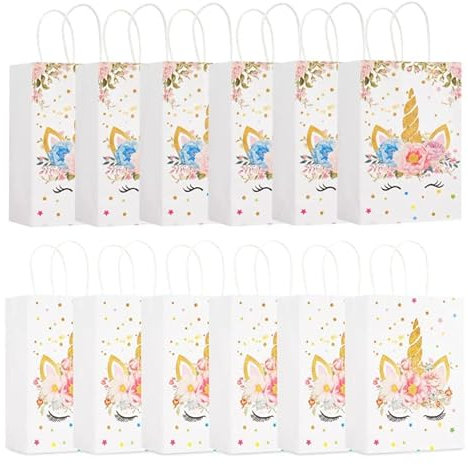 Einhorn Party Taschen - 12 Stück Geschenktüten für Kindergeburtstag mit Griffen