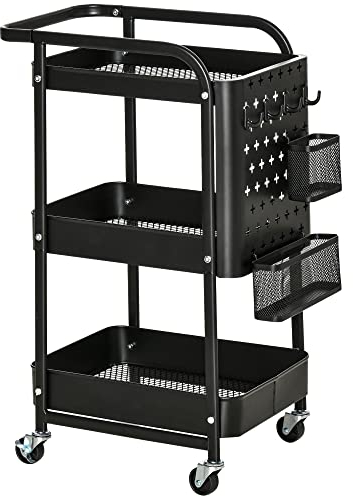 HOMCOM Desserte Chariot de Rangement pour Bureau en métal Chariot de Service à roulettes 3 Niveaux avec 2 Range-Couverts 4 Crochets dim.51,5L x 32l x 75,6H cm - Noir