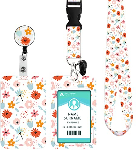 Porte Badge Cordon Tour de Cou avec Porte-cartes, Lanyard Strap avec Fermoir Pivotant -Pour Porte Badges d'Identification,Clés,Caméra,Téléphone Portable (Orange Flower)