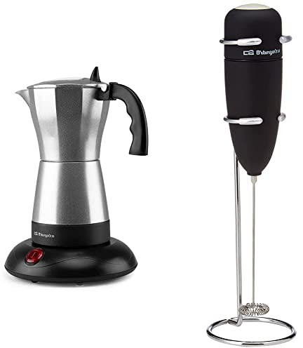 Orbegozo KFE 660 - Cafetera italiana, 3-6 tazas (300 ml), apagado automático, base de tacto frío & MN 3800 - Espumador de leche, carcasa de tacto suave, incluye soporte, funciona a pilas,Color Negro