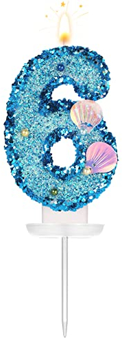 8cm Muschel Geburtstagszahl Kerze, Glitzer-Zahlkerze, Tortenaufsatz, Muschel-Pailletten, Kuchenziffer für Geburtstag, Hochzeit, Jahrestag, Meerjungfrauen-Themenparty (Blau, 6)