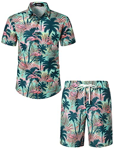 JOGAL Herren Hawaii Hemd Männer Flamingo Kurzarmhemd und Kurze Hose Set Strand Outfit Sommerhemd Für Mann Grün Rosa X-Large