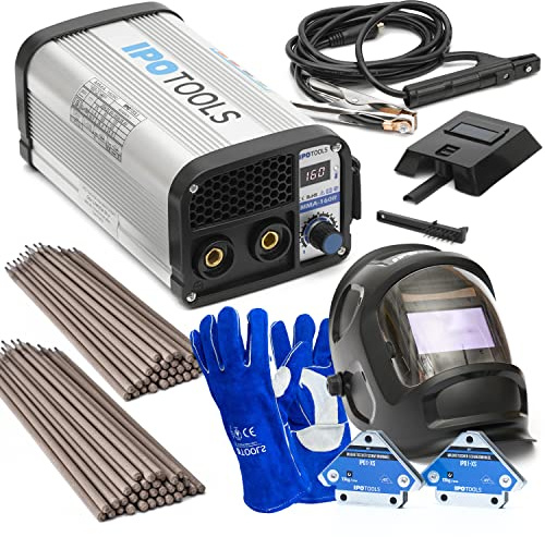 IPOTOOLS MMA-160R Elektrodenschweißgerät Vollausstattung - 160 Ampere Schweißgerät DC MMA/E-Hand Welder mit Schweißhelm / 2kg Elektroden/Handschuhen/Magnete, 7 Jahre Garantie