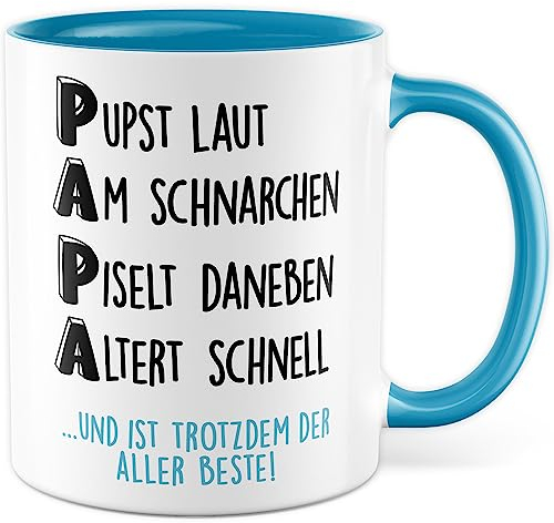 Papa Tasse Vatertag Geschenk lustig Kaffeetasse Vater Geschenkidee witzig Papi Kaffee-Becher für Papas Väter Humor Sohn Tochter Teetasse Vatertagsgeschenk (Weiß/Blau)