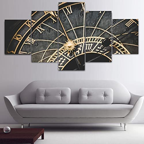 Leinwandbild 5-Teilig Retro-Uhr Xxl/200 X 100 Cm Bild Wanddeko Wand Bild Kunstdruck Deko Wohnzimmer Wohnzimmer Schlafzimmer Büro Hotel Wandkunst Wandbild Poster Foto