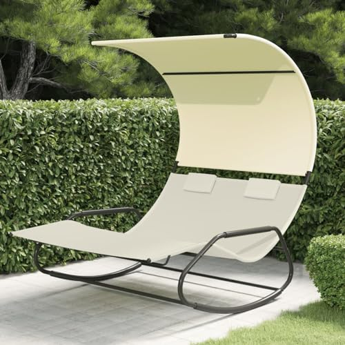 JUNZAI Doppel-Schaukelliege mit Sonnendach, Liegestuhl Balkon, Gartenliege, Sonnenliege, Deckchair, Saunaliege, Creme