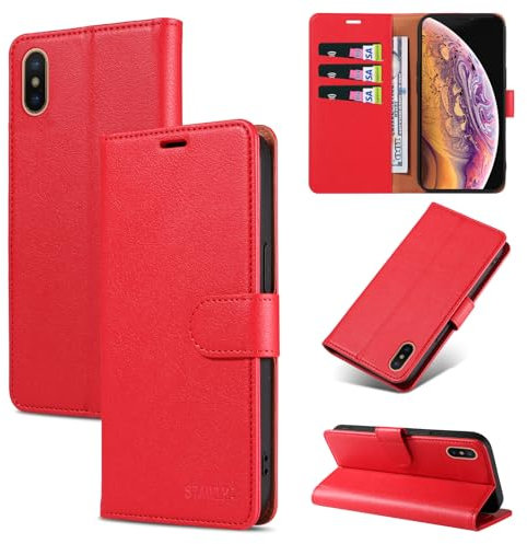 STAWLKA Case for iPhone XS Max, Premium PU Leather Flip Magnetic Buckle Wallet Case Kickstand Blocking RFID Shockproof Protective Phone Cover for iPhone XS Max - Red