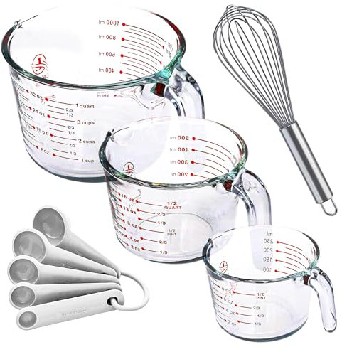 Juego de 3 tazas medidoras de vidrio con cucharas medidoras y batidor - Cuenco de cocina para mezclar líquido, vaso medidor de vidrio Tupperware para hornear. 1 taza, 2 tazas, 4 tazas.