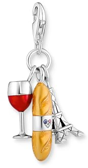 THOMAS SABO 2 Charm-Anhänger Rotweinglas, Baguette und Eiffelturm Silber 925 Sterlingsilber, Geschwärzt, Kaltemail 2078-390-7