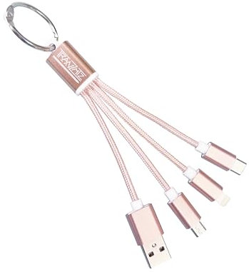Tranzmtz - Keyring Multi USB 3A Fast Charging 3-in-1 Short Keychain Cable with USB Type C/USB/Micro USB/Phone Connectors - for Smart Phones Tablets and More (Pink)