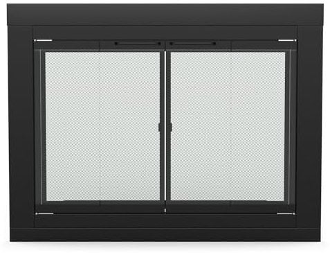 Stanbroil Puerta de cristal plegable para chimenea, acabado negro, grande, puerta mosquitera decorativa para accesorios de chimenea