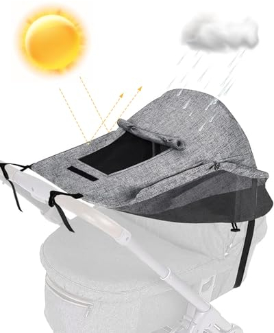 MOXTOYU Parasol para cochecito con ventana de visualización para cochecitos, protección UV, universal, resistente al viento, impermeable, fácil de instalar, gris