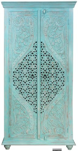 Schrank Gauri Türkiser Indischer Schrank aus Mangoholz mit Schnitzerei Oriental Schlafzimmer 190cm