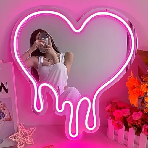 KADAFAGO Heart Neon Sign Melting Mirror Sign For Wall Decor Bedroom Girls Room LED Pink Heart Mirror Neon Light For Party, Studio Store Decor and Birthday Gifts
