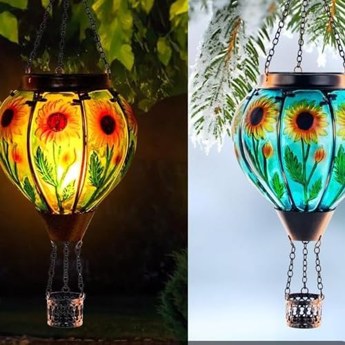 Hot Air Balloon Solar Lantern with Realistic Flaming Effect Solar Powered Hot Air Balloon Hanging Lantern Waterproof Colourful Metal Solar Light for Outdoor Garden Novelty Patio Lighting