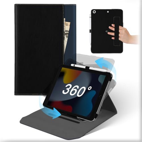 Coque pour iPad 9e Gén 2021/8ème Gén 2020/7ème Génération 2019 10.2 Pouces, Housse Cuir Support Rotative 360°et Amovible avec Porte-Crayon&Poche, Flip Etui Veille/Réveil Automatique Noir Bleu
