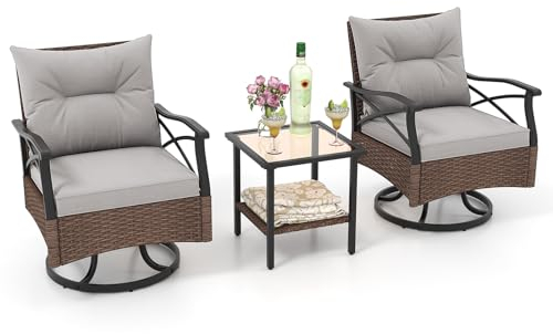 COSTWAY Rattan Gartenmöbel Set, Balkonmöbel inkl. 2 Schaukelstühle mit Drehfunktion, Kissen & Tisch, Balkonset, Terrassenmöbel, Gartengarnitur, Sitzgruppe für Garten, Balkon, Terrasse