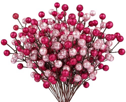 24Pack Glitter Magenta Rosa Beeren Stiele, Künstliche Holly Beeren Zweige Deko Weihnachten für Christbaumschmuck Weihnachtsdeko Adventskranz Deko Weihnachtsgirlande Türkranz Weihnachten Ornamente