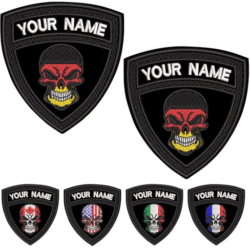 misscase Benutzerdefinierte taktische militärische Namenspatches, Personalisierter Namenspatch Stickerei-Text, multinationale Flagge zum Aufbügeln/Klett-Namenspatch für Kleidung,Tasche (DP Skull BK)