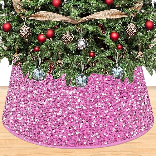 OMKSIH Pailletten-Baumkragen 72 cm Meerjungfrau Rosa Weihnachtsbaum Rock Kragen Sparkle Weihnachtsbaum Basis Ring Velours Baumkragen Sparkly Round Weihnachtsbaum Ständer Basis für Weihnachten