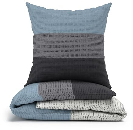 LARAWELL Bettwäsche 135x200 Baumwolle ganzjahres Bettwäsche-Sets blau grau gestreift Premium