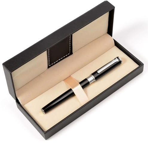 Komfort Kugelschreiber hochwertig aus Metall, Tintenroller edel, Schreibset Edelstahl, Rollerball Roller Pen, Metallkugelschreiber ideal als Geschenk inkl. 2 Ersatzminen (Silber)