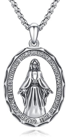 YEESIA Halskette der Jungfrau Maria, 925er-Sterlingsilber, ovale Maria-Wundermedaille, Halskette mit Anhänger „Unsere Liebe Frau von Guadalupe“, religiöser Schmuck, Geschenke für Männer und Frauen