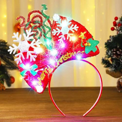 Zoestar Serre-tête lumineux à LED avec nœud de Noël rouge et flocon de neige - Accessoires pour cheveux pour femme