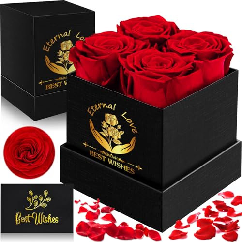 SaiXuan Rosa Eterna Stabilizzata Vera Regalo Donna,4 Rose Fresche, Regalo Anniversario per Lei, Confezione con Biglietto di Auguri, per Festa della Mamma, San Valentino, Compleanno, Regali Romantici