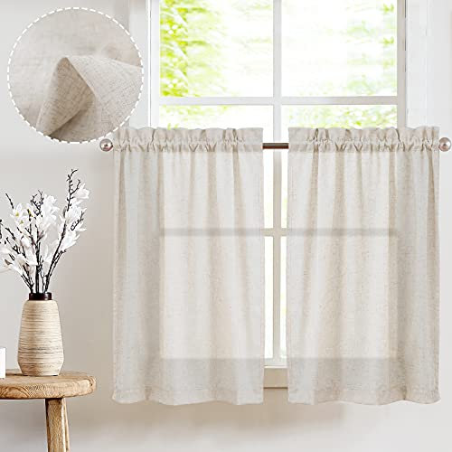 Vangao Leinenoptik Scheibengardinen Beige Küche Modern Gardinen Kurz Bistrogardine 2er Set 65Bx115Hcm mit Stangendurchzug Landhausstil Natur Halbtransparente Vorhänge Kurz Küchengardinen für Wohnwagen