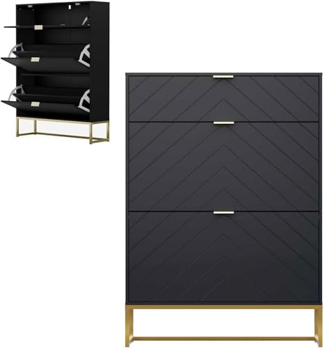UEV Schuhschrank mit 2 Klappen und 1 Schublade Schuhablage Schuhkommode Schuhregal Schuhkipper Platzsparend, mit Kippschutz/Trennwand verstellbar für Wohnzimmer Flur, 80x24x122cm, Schwarz
