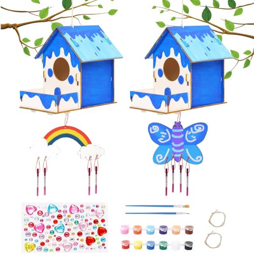 Lot de 2 nichoirs à oiseaux DIY pour enfants - Kit de construction - Maison à oiseaux - Matériel de bricolage à peindre - Carillon éolien - Matériel de bricolage pour enfants - Puzzle de mangeoire